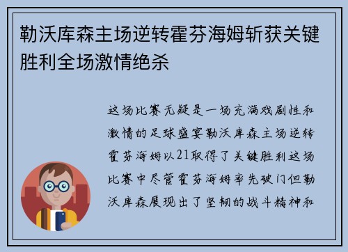 勒沃库森主场逆转霍芬海姆斩获关键胜利全场激情绝杀