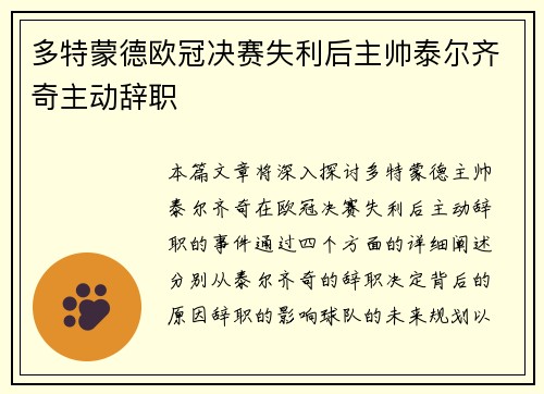 多特蒙德欧冠决赛失利后主帅泰尔齐奇主动辞职